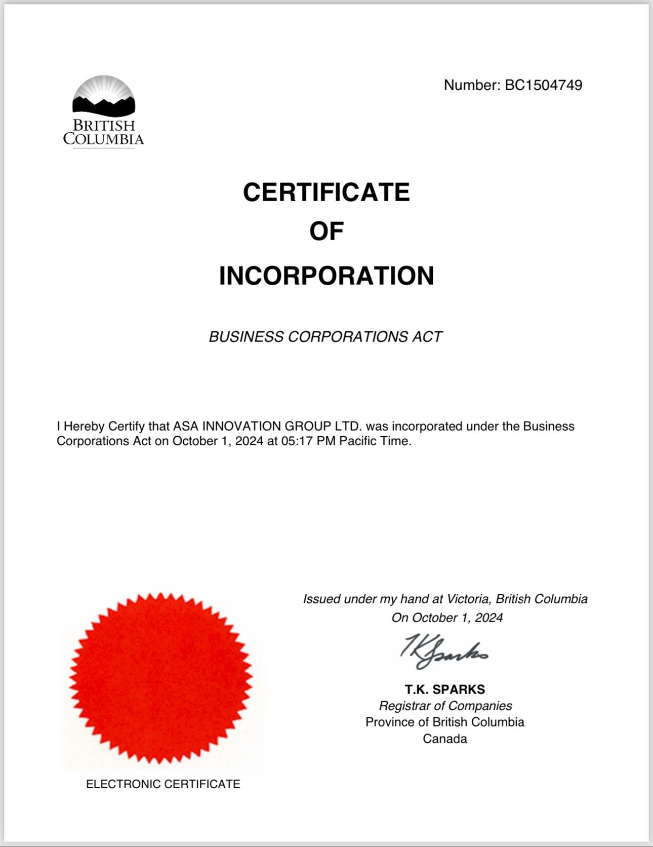 ASA Certificate Of Incorporation